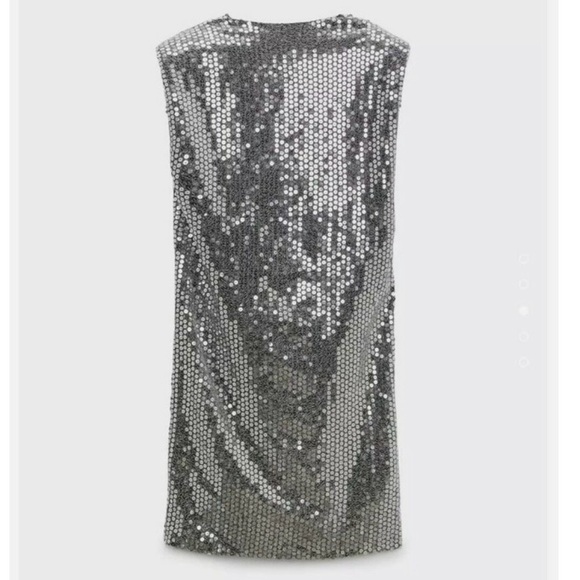 ZARA Drapped Wrap Silver a neck Sequin Shoulder Padded Deess - Picture 2 of 9